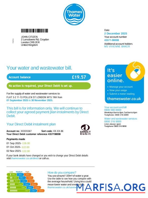 Downloadable United Kingdom Thames Water utility bill template in Word and PDF format, 3 page version 2